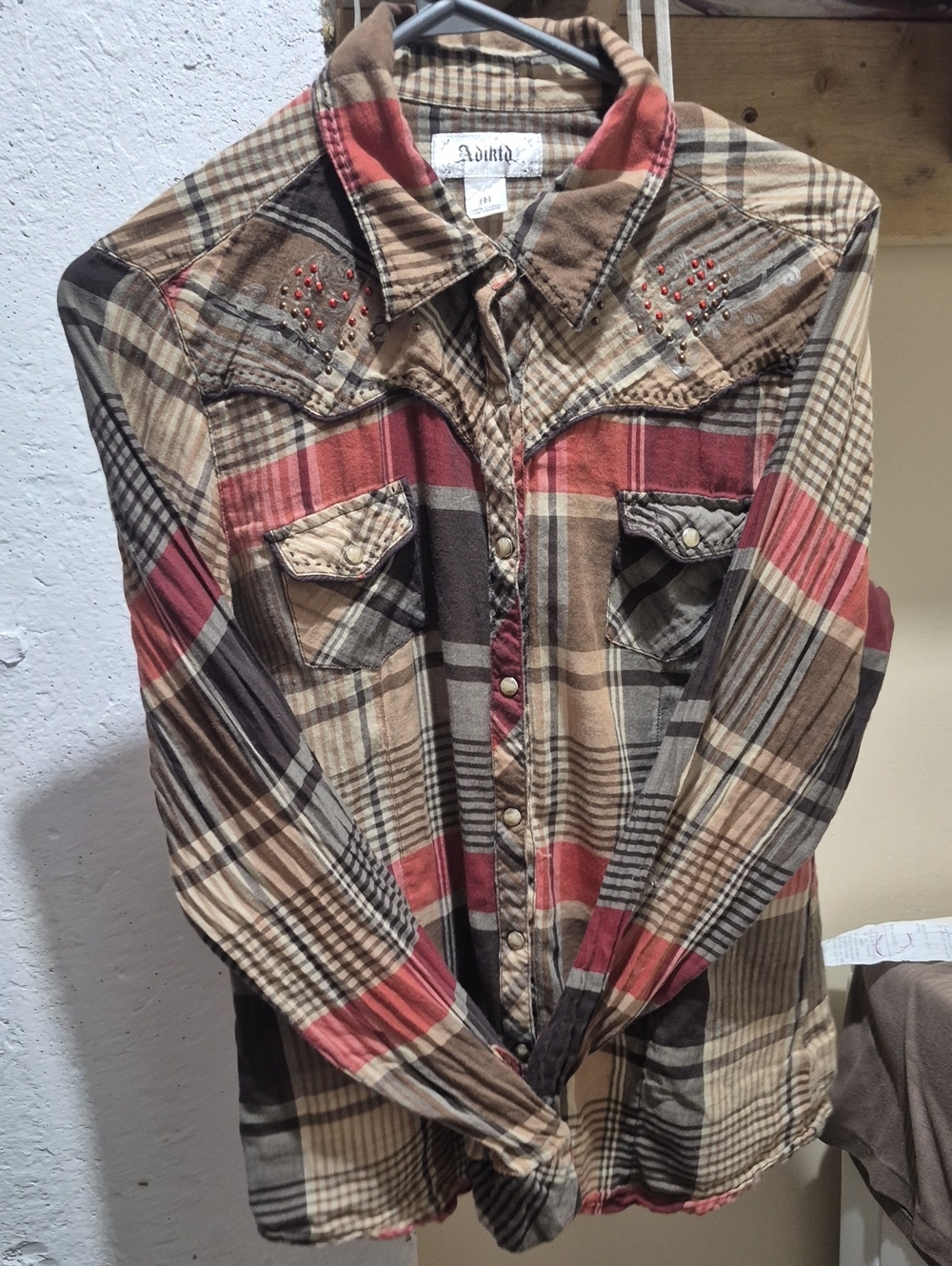 Adiktd Girls Plaid Snap-Front Button Down Shirt in Brown & Red